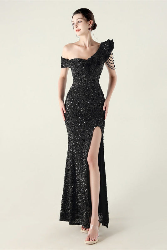 Draped One Shoulder Ruffle Formal Dress