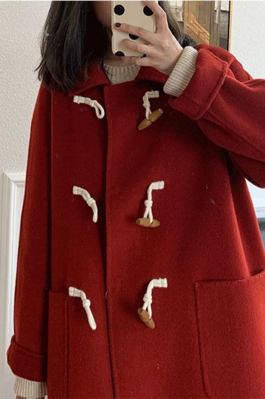 Petite Red Thickened Wool Horn Button Outerwear