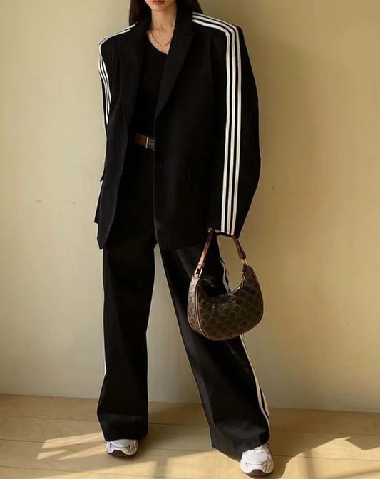 Black Patchwork High Waist Trousers Office Two Piece Set