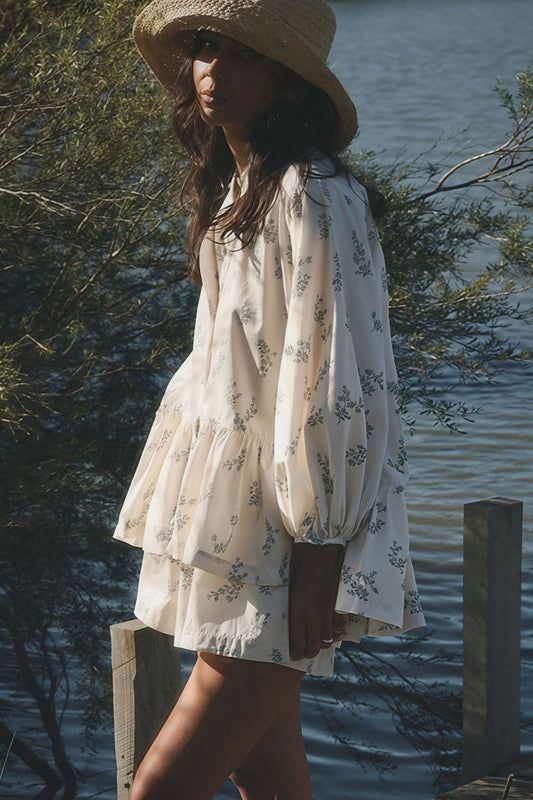 Puff Sleeve High Neck Ruffle Floral Two Piece Set