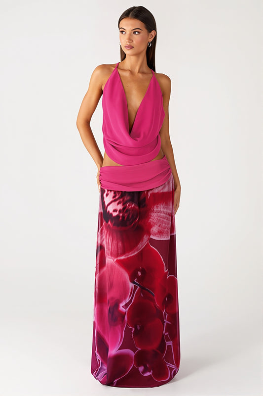 Draped Halter Floral Maxi Skirt Set