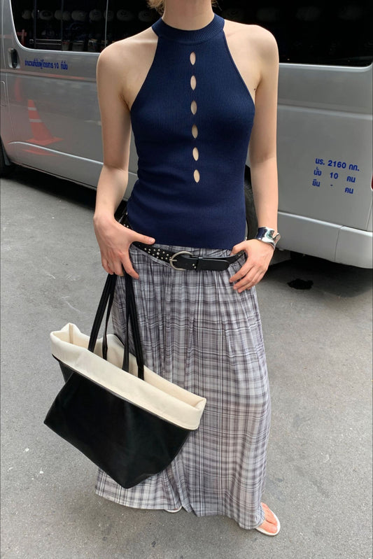 Jupe longue à carreaux en maille taille haute et coupe trapèze