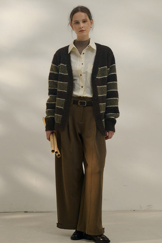 Oversized Stripe Color Block V Neck Knit Cardigan