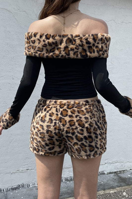 Leopard Print Fleece Off-the-shoulder Two Piece Set