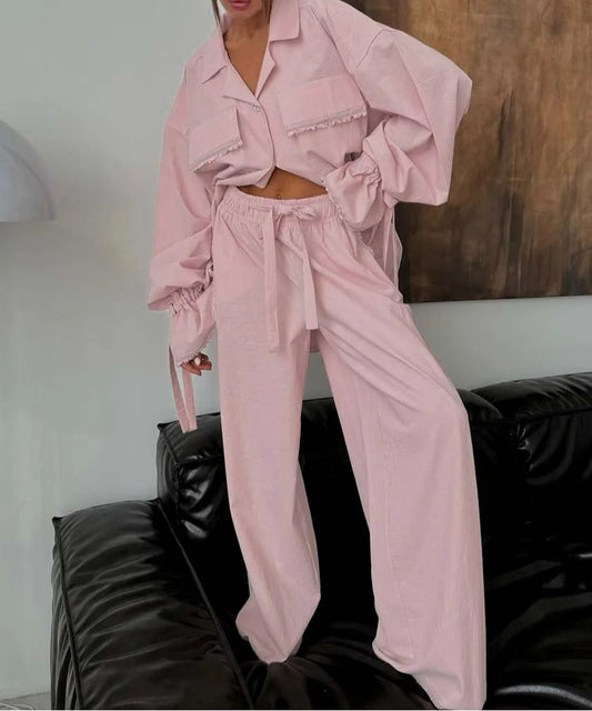 Pink Cotton Lace-Up Drawstring Pants Office Two Piece Set