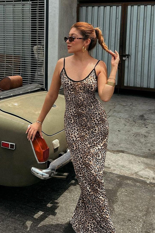 Chic Leopard Print Spaghetti Strap Maxi Dress