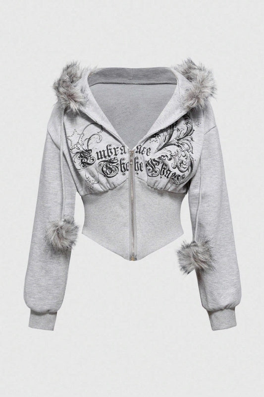 Faux Fur Trim Corset Zip Hoodie