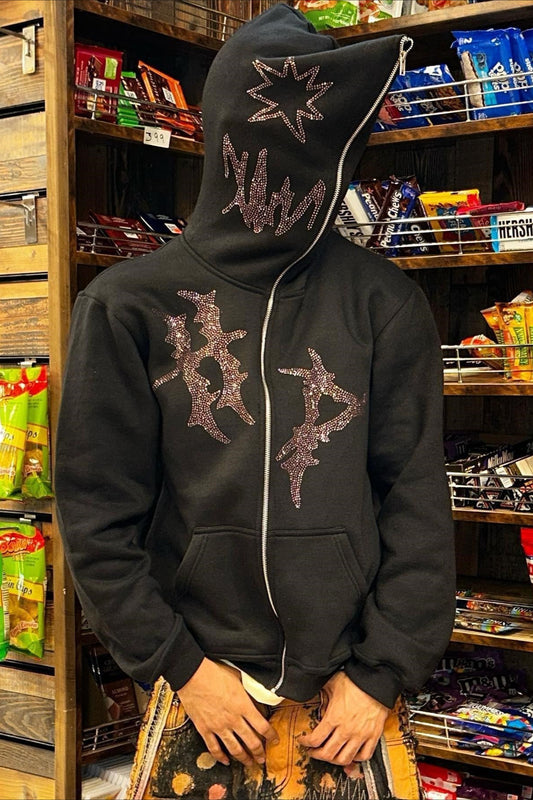 Pink Rhinestone Graphic Zip Hoodie