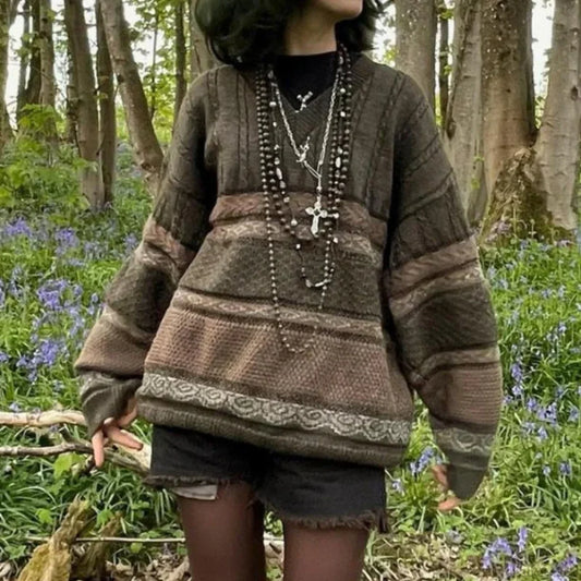 2000s Vintage Striped Y2K Preppy Style Sweater Brown / S