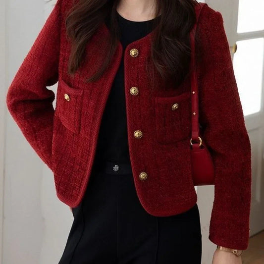 Korean Short Tweed Woolen Cardigan Wine Red / S Cardigan-241208