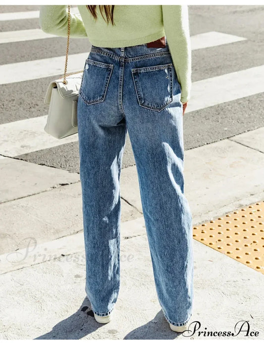 2024 Stretch Women’s Casual Ripped Wide Leg For Women Vintage High Waist Easymatch Straight Jean