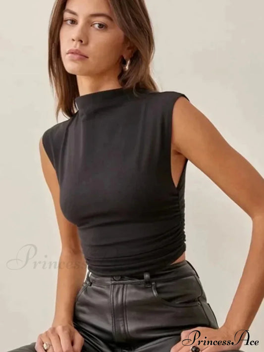 2024 Summer Black Turtleneck Crop Purple Solid Sleeveless Women Tshirt Rave Outfits E Girl Colorful
