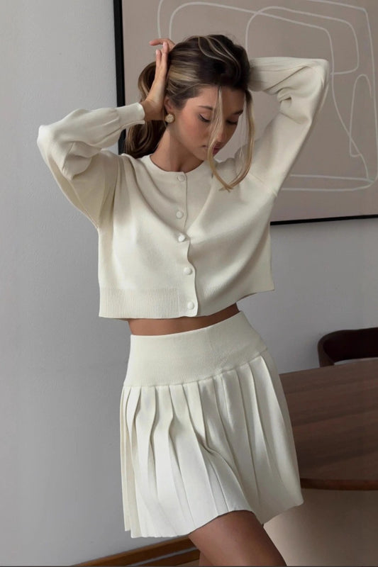 Ruffled Short Knit Cardigan Mini Skirt Two Piece Set