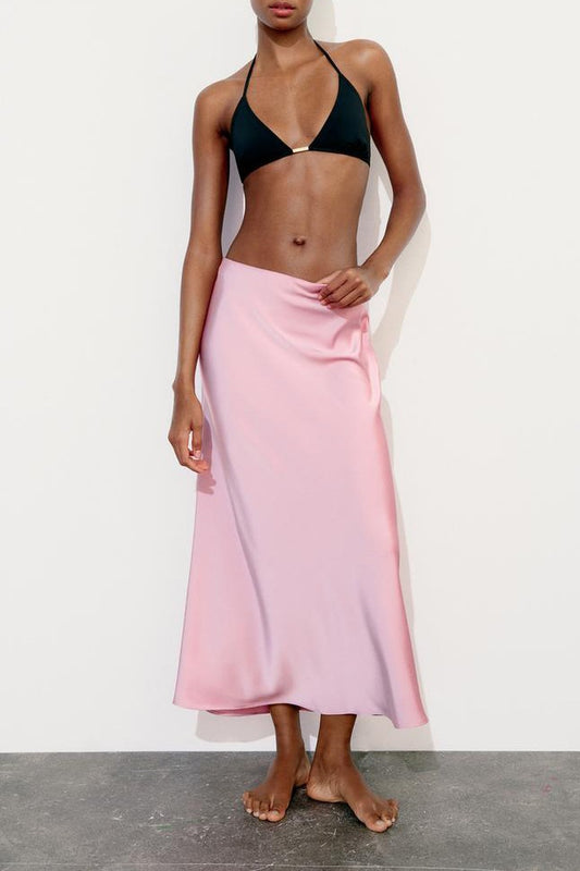Slim High Waist Satin Texture Straight Midi Skirt