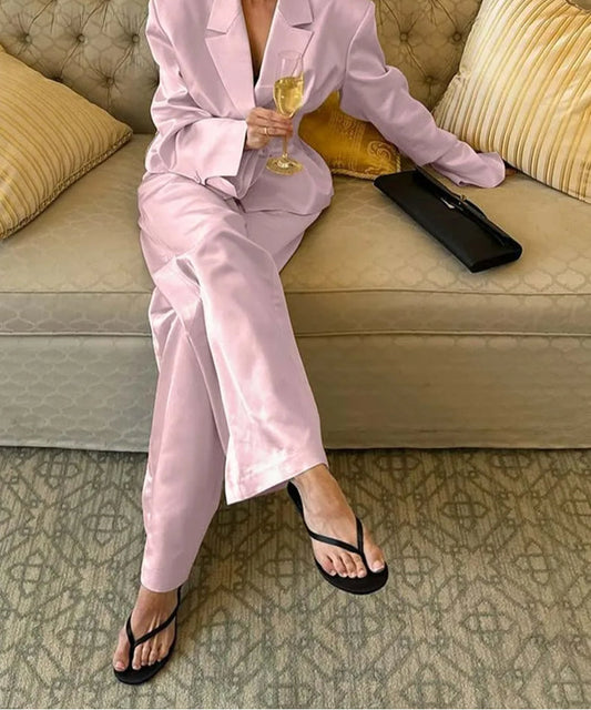 Pink Satin Lapel Straight Trousers Office Two Piece Set