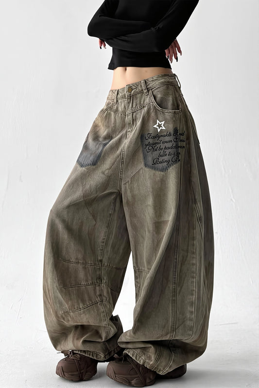 Star Patch Balloon Washed Denim Jeans