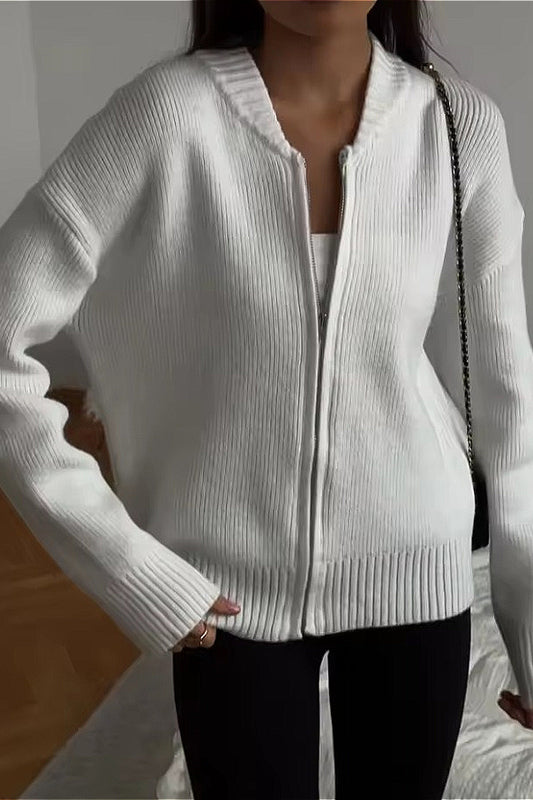 Crew-Neck Long-Sleeve Zip Solid Knit Cardigan