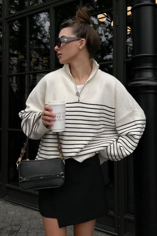 Striped Zip-Front Polo Knit Sweater