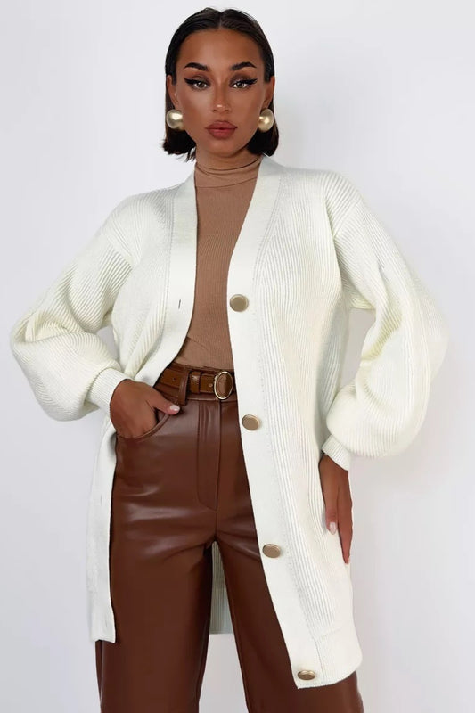 Locker sitzende, lange Strickjacke mit V-Ausschnitt