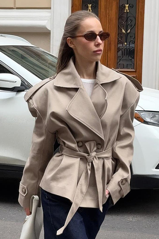 Wide Lapel Belted Short Trench Coat