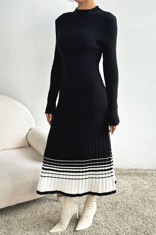 Vintage Black White Stripe Knit Pleated Midi Dress