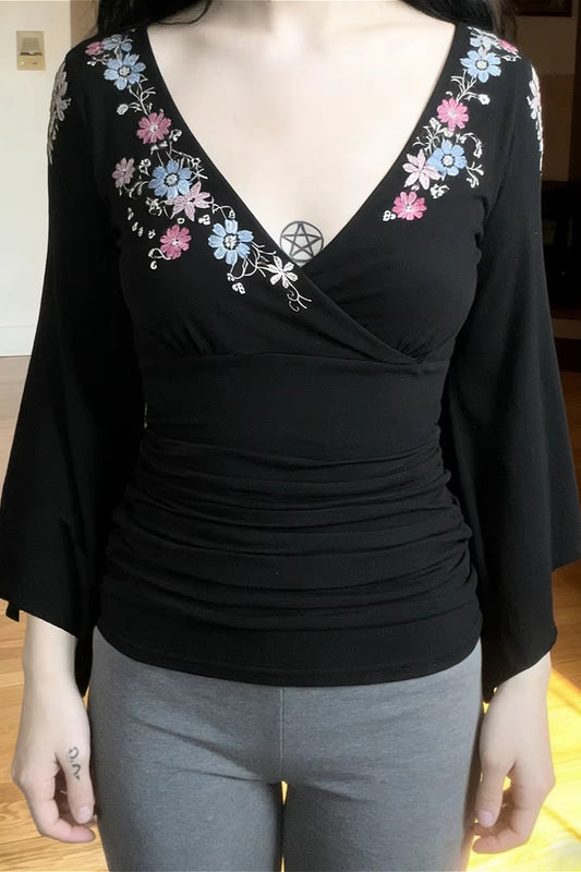 Floral Embroidery Deep V Bell Sleeve Blouse