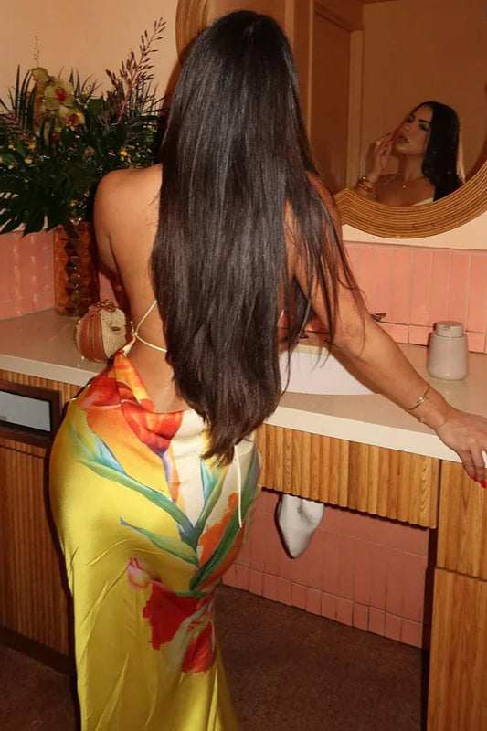 Elegant Contrast Color Floral Print Swing Collar Maxi Dress