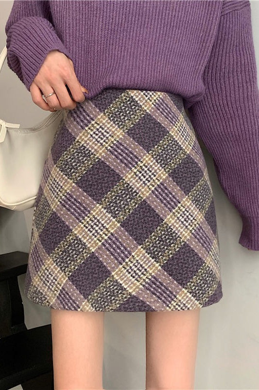Wool Plaid High Waist A-Line Skirt
