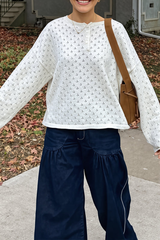 Openwork Balloon Sleeve Floral Sweater