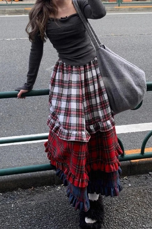 Vintage Color Block Lace Tiered Skirt
