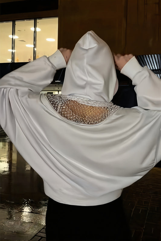 Rhinestone Mesh Open Back Hoodie