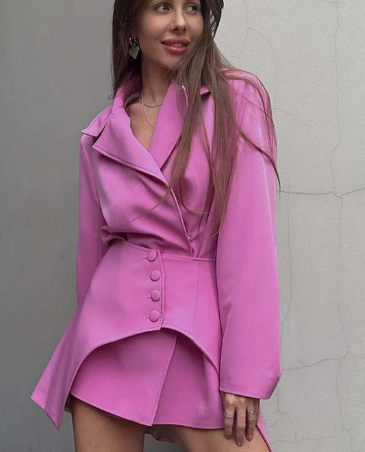 Pink Turn Down Collar Mini Office Two Piece Set