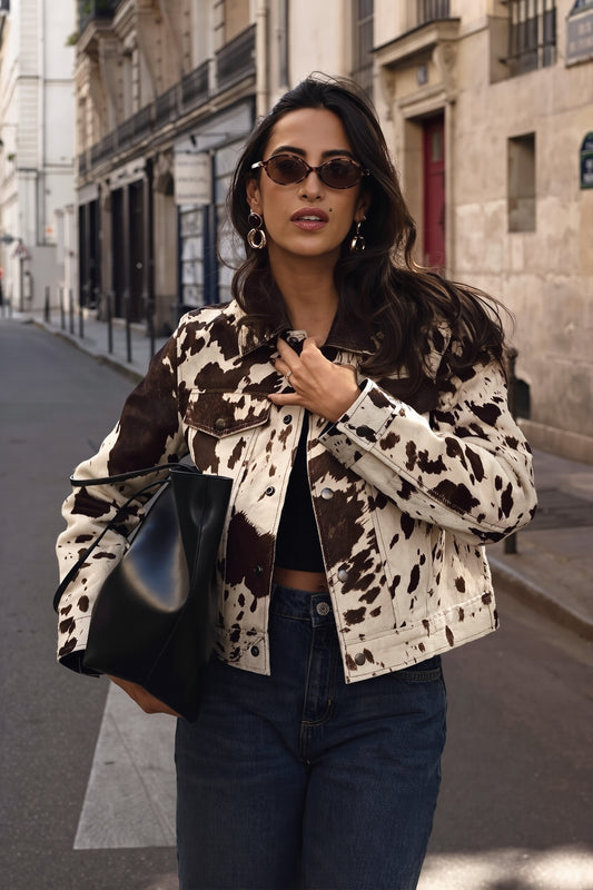 Cow Print Cropped Button Front Coat
