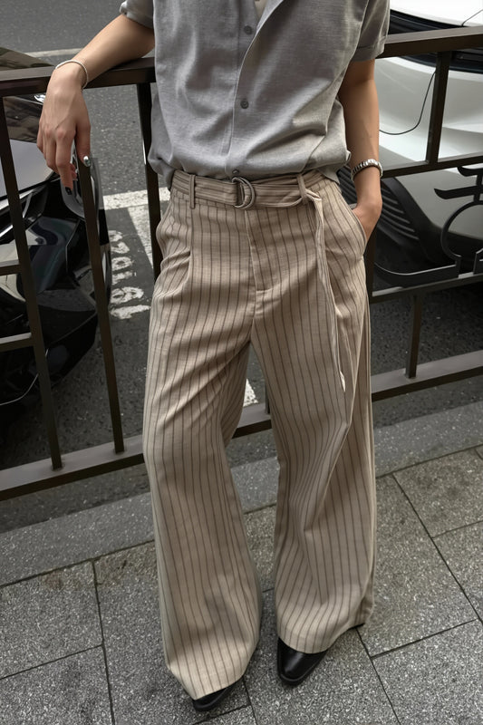 Pinstripe Pleated Wide Leg Tailored Pants