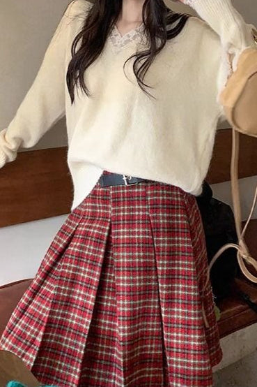 Plaid Wool Pleated Skirt