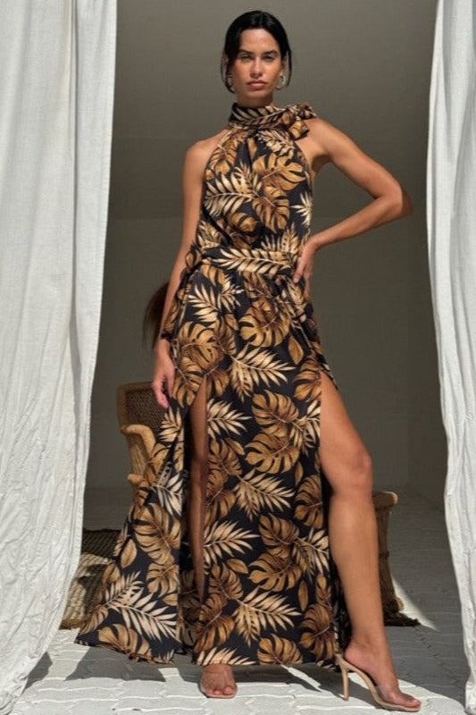 Sexy Maxikleid mit Blumendruck und hohem Schlitz