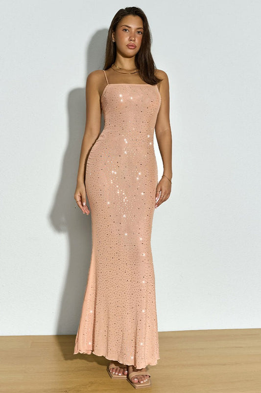 Mesh Rhinestone Cami Maxi Party Dress