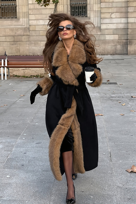 Plush Trim Belted Wool Look Long Coat
