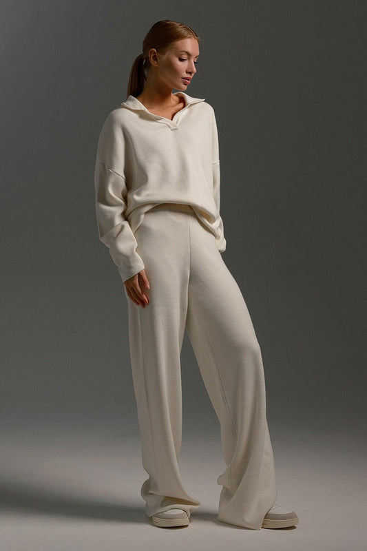 Polo Collar Knit Pullover Wide-Leg Pants Two Piece Set