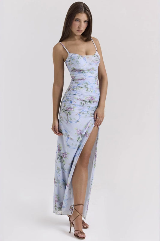 Robe longue slim à bretelles spaghetti et fleurs