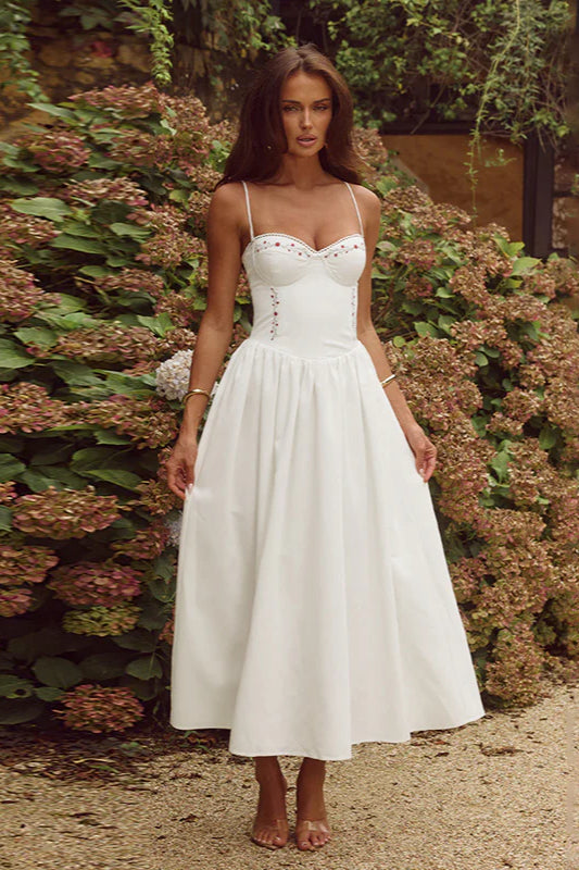 Floral Embroidered Waist-Cinched A-Line Maxi Dress