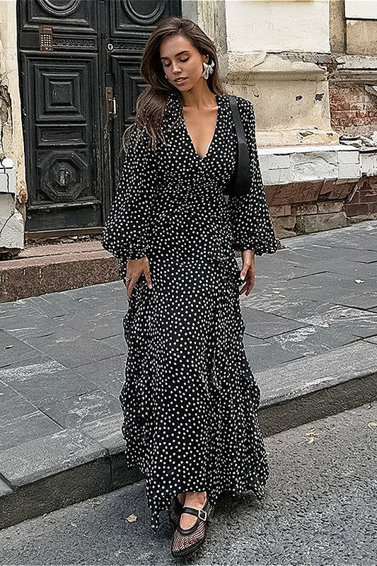 Vintage V-Neck Polka Dot Puff Sleeve A-Line Maxi Dress