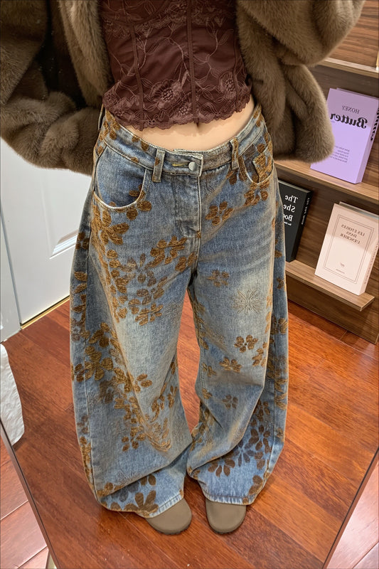Floral Print Fleece Option Wide Leg Jeans