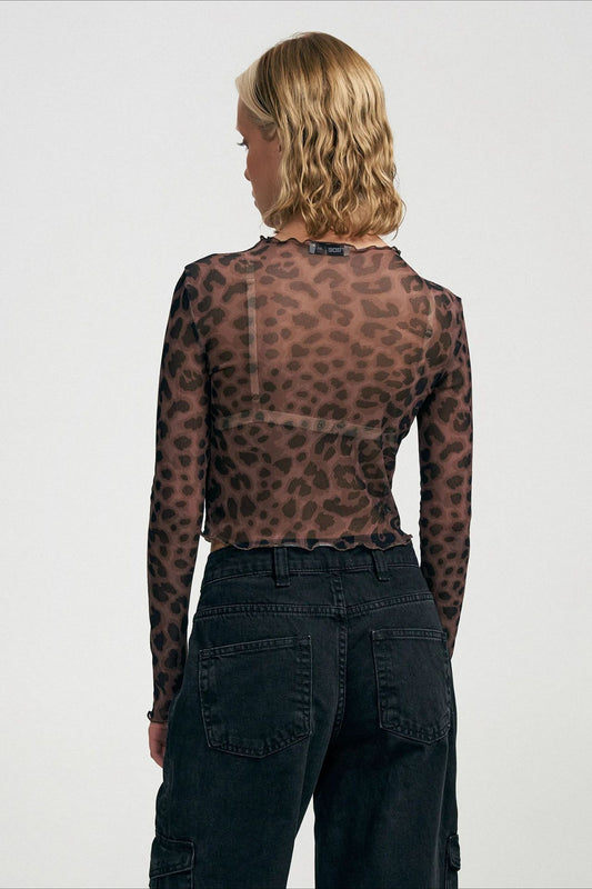 Figurbetontes, transparentes Crop-Top mit Leopardenmuster
