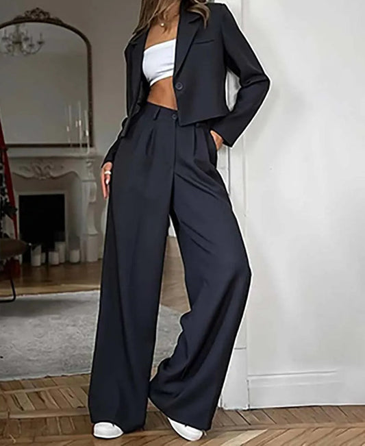 Black Blue Single Button Blazer Office Two Piece Set