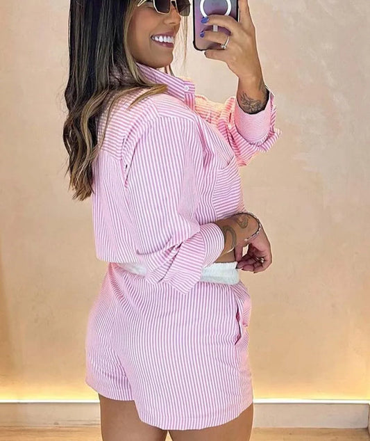 Dark Blue Patchwork Pleated Mini Office Two Piece Set