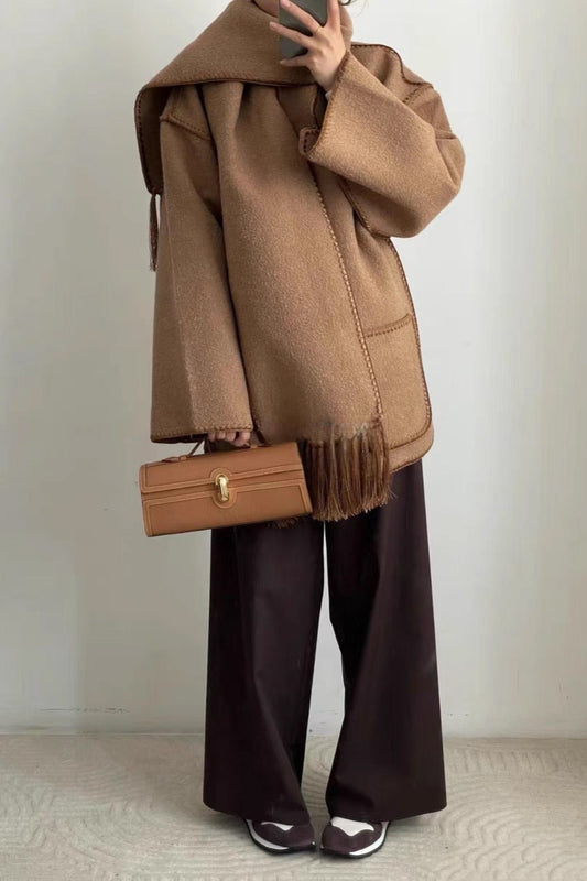 Scarf Collar Tassel Solid Wool Embroidered Coat