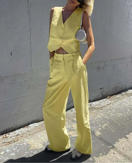 Yellow Cotton Sleeveless Crop Trousers Office Two Piece Set