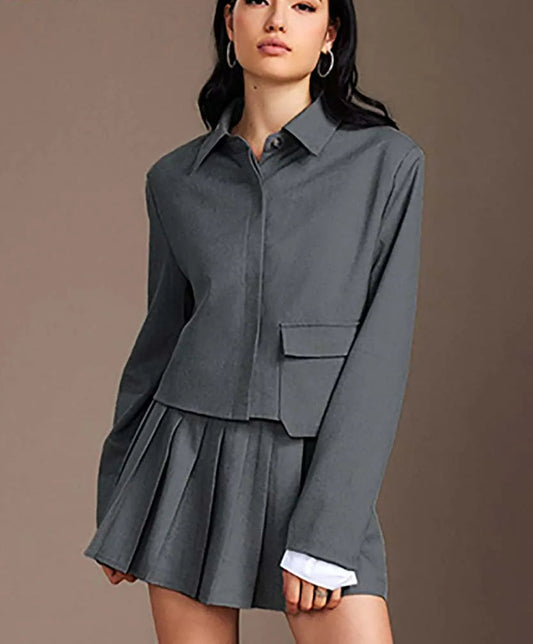 Grey Patchwork Pleated Mini Office Two Piece Set