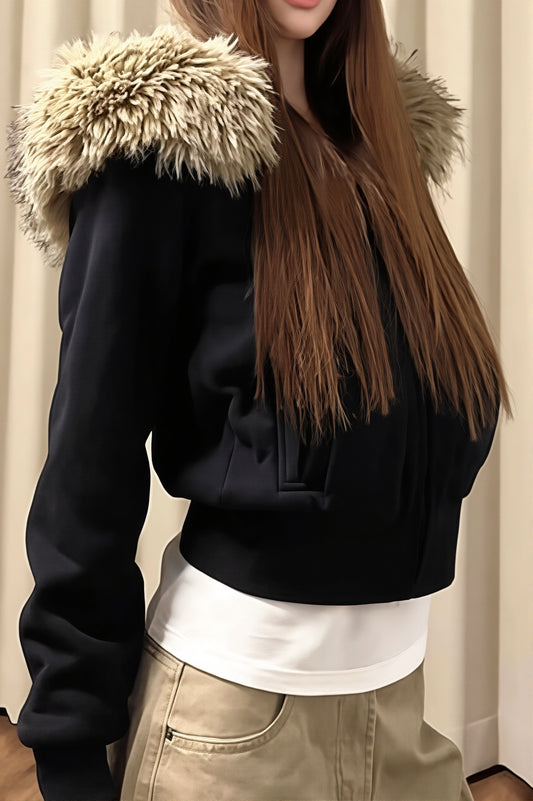 Plush Hood Fitted Cropped Zip Hoodie